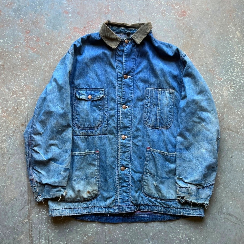 Vintage 60s 70s Denim Work Chore Jacket Blanket Lined Corduroy Collar Size 44